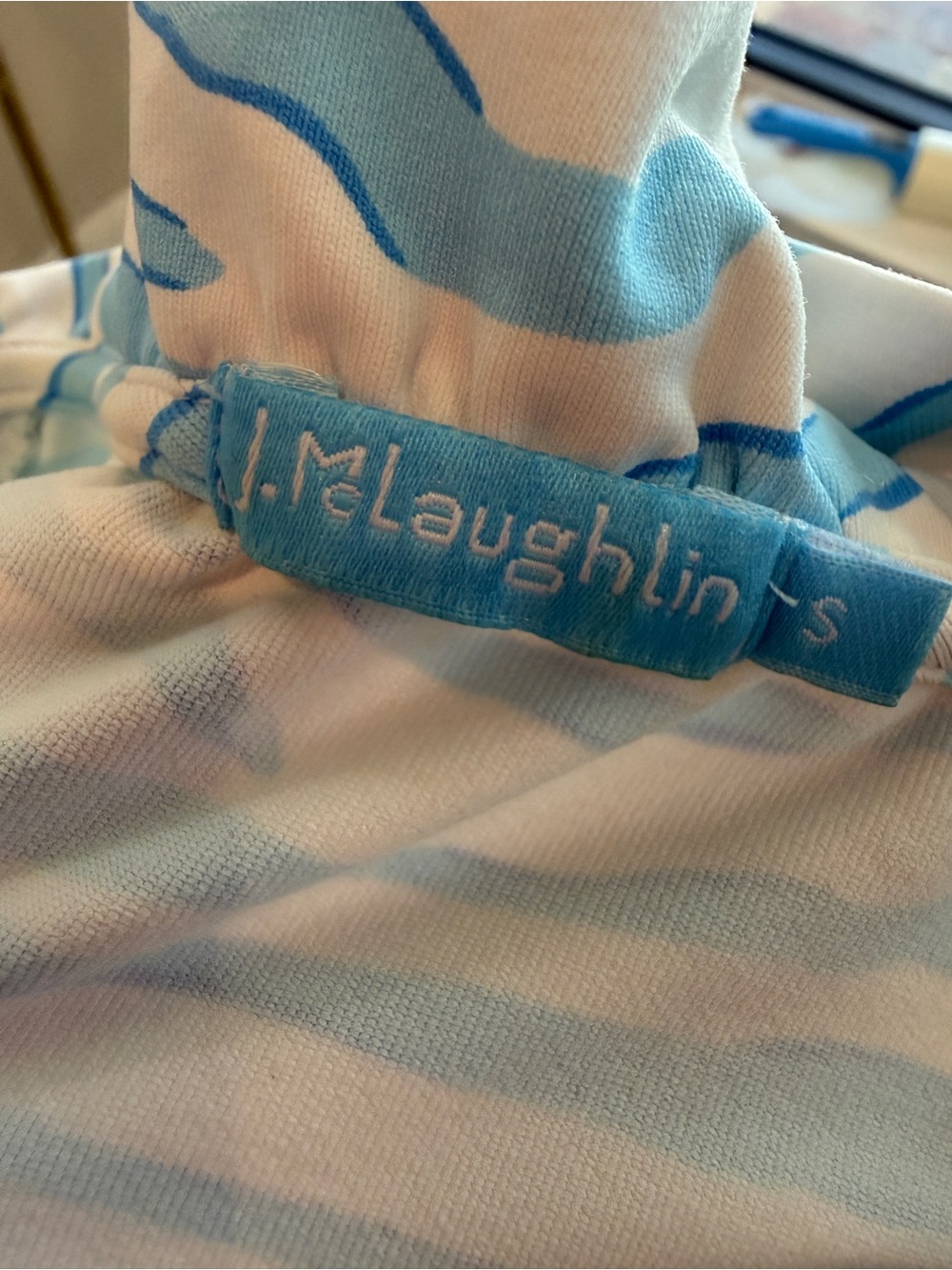 J. McLaughlin Blue & White Zebra-Style Ruffle Neck Top - Picture 2 of 9